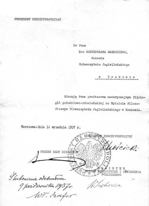 Tytuł profesora nadzwyczajnego UJ dla Mieczysława Małeckiego. Fot. Archiwum rodziny Małeckich