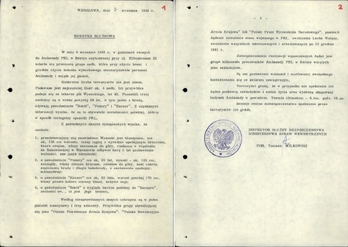 Notatka służbowa z 7 września 1982 r. dot. ataku na polską ambasadę w Bernie (z zasobu AIPN)