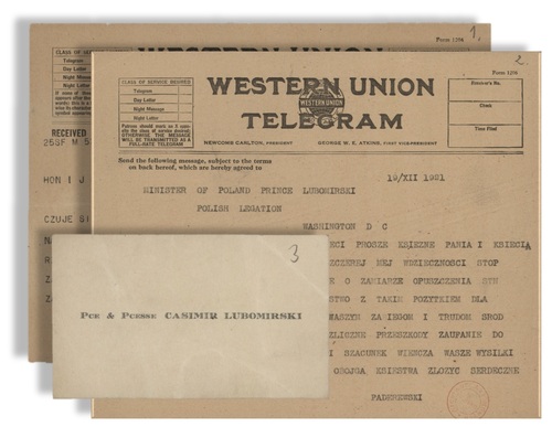 Materiały z korespondencji Kazimierza Lubomirskiego i Ignacego Paderewskiego, 1921 (z zasobu Archiwum Akt Nowych)