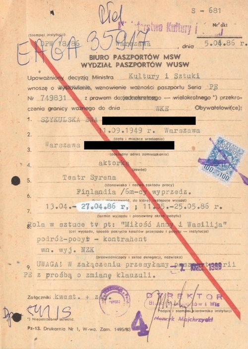 Wniosek do Biura Paszportów i Dowodów Osobistych MSW dotyczący wydania Ewie Szykulskiej paszportu na wyjazd do Finlandii. Warszawa, 5 IV 1986 r. (sygn. IPN)