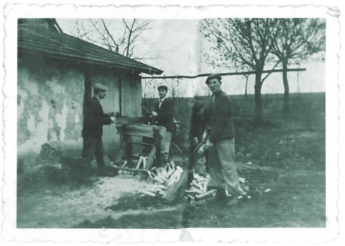 Goldmanowie (przydomek Szallowie) przy cięciu i rabaniu drewna na opał w obejsciu Ulmow, gdzie się ukrywali, Markowa, między 1942 a 1944 r. Fot. ze zbiorow Mateusza Szpytmy
