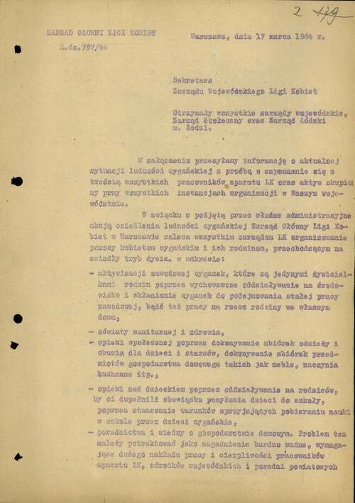 Pismo Zarządu Głównego Ligi Kobiet dotyczące udzielenia pomocy w asymilacji ludności romskiej. Warszawa, 17 marca 1964 r. (z zasobu IPN)