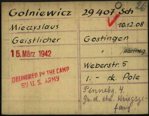 Dokument dot. ks. Mieczysława Golniewicza z KL Dachau z angielskimi adnotacjami powojennymi (ze zbiorów Archiwum Arolsen)