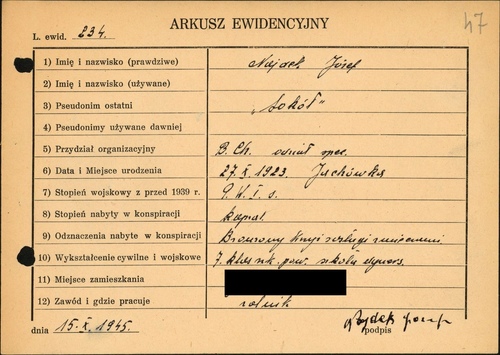 Arkusz ewidencyjny ujawnionego członka BCh Józefa Najdka „Orlika”, 1945 r. (z zasobu IPN)