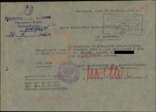 Zawiadomienie o nieskorzystaniu z prawa łaski w stosunku do Józefa Najdka „Orlika”, 1946 r. (z zasobu IPN)