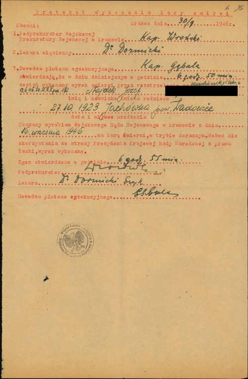 Protokół wykonania kary śmierci na Józefie Najdku „Orliku”, 1946 r. (z zasobu IPN)