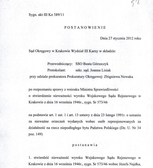 Fragment postanowienia Sądu Okręgowego w Krakowie o unieważnieniu wyroku WSR, 2012 r.