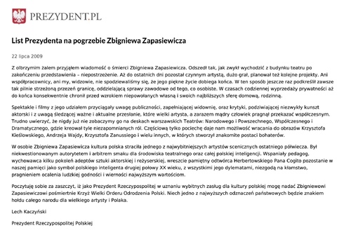 List od Prezydenta RP odczytany podczas uroczystości pogrzebowych śp. Zbigniewa Zapasiewicza