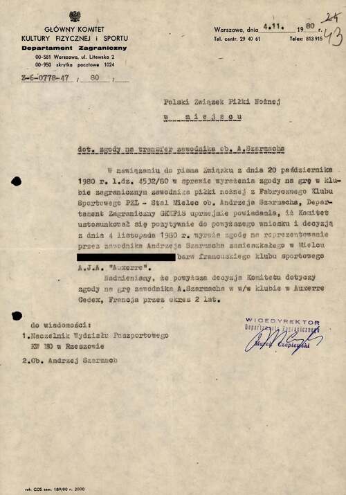 Zgoda na transfer zagraniczny Andrzeja Szarmacha. Dokument z akt paszportowych (z zasobu IPN)