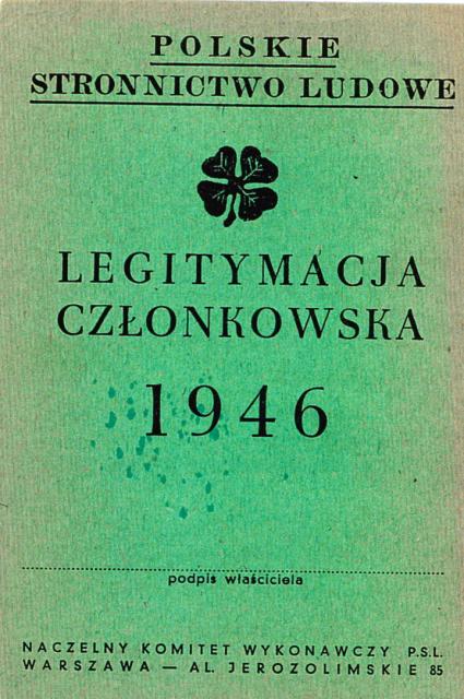 Legitymacja członka PSL na 1946 r. (z zasobu AIPN)