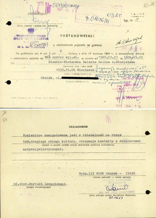 Postanowienie o zastrzeżeniu Halinie Winiarskiej-Kiszkis wyjazdów za granicę od 23 marca 1987 r. do 23 marca 1989 r. (z zasobu AIPN)