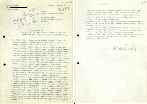 Odwołanie Haliny Winiarskiej-Kiszkis od decyzji o odmowie wydania jej paszportu, 25 czerwca 1987 r. (z zasobu AIPN)