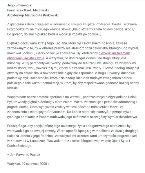 List kondolencyjny papieża Jana Pawła II (ze strony  Muzeum Jana Pawła II i Prymasa Wyszyńskiego mt514.pl)