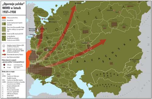 Mapa „»Operacja polska« NKWD 1937–1938” (z „Teki edukacyjnej” IPN „»Operacja polska« NKWD 1937‒1938. Losy Polaków w Rosji bolszewickiej i w ZSRS do 1939 roku”)