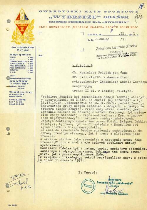 Opinia Zarządu Gwardyjskiego Klubu Sportowego „Wybrzeże” Gdańsk dotycząca Kazimierza Podolaka. Gdańsk, 6 września 1971 r. (z zasobu AIPN)