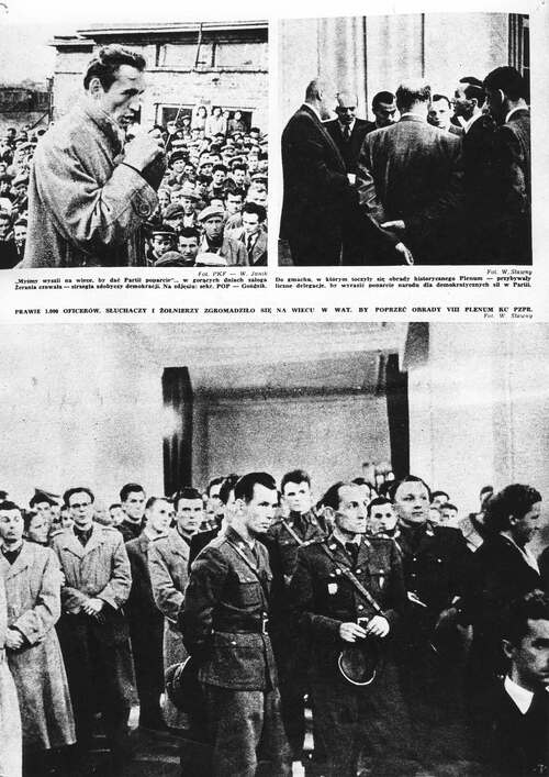 Fotokopia strony artykułu, najprawdopodobniej „Trzy dni, które wstrząsnęły Polską”, z tygodnika „Świat” z października 1956 r. Fotokopia zawiera trzy zdjęcia: u góry po lewej Lechosław Goździk na wiecu w Fabryce Samochodów Osobowych na Żeraniu, u góry po prawej Józef Cyrankiewicz w otoczeniu mężczyzn, u dołu mężczyźni w płaszczach i żołnierze na wiecu w Wojskowej Akademii Technicznej (fot. z zasobu IPN)