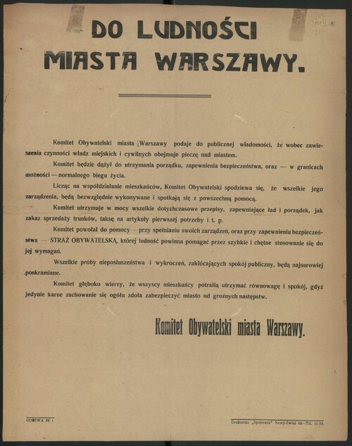 Druk warszawskiego Komitetu Obywatelskiego z 1915 r. (ze zbiorów Biblioteki Narodowej)