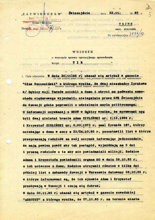 Wniosek o wszczęcie sprawy operacyjnego sprawdzenia krypt. „Tir”, 22 listopada 1985 r. (z zasobu AIPN)