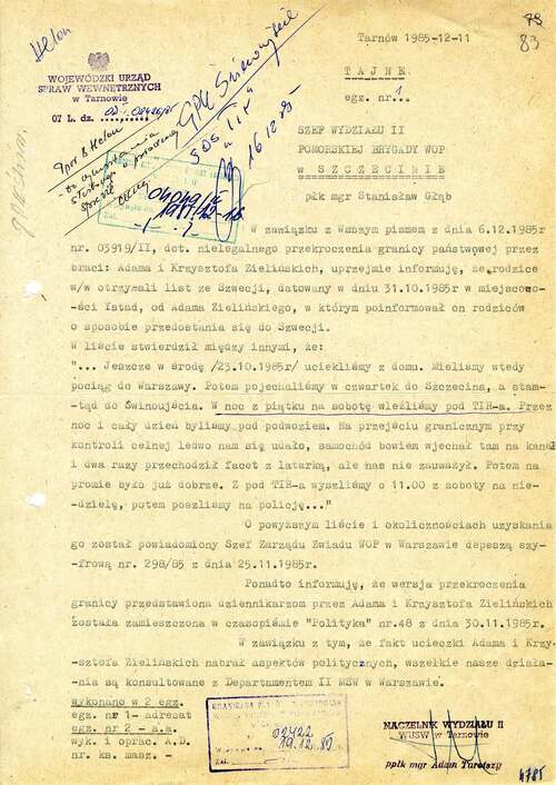Pismo Wojewódzkiego Urzędu Spraw Wewnętrznych w Tarnowie do szefa Wydziału II Pomorskiej Brygady Wojsk Ochrony Pogranicza w Szczecinie w sprawie ucieczki Adama i Krzysztofa Zielińskich, 11 grudnia 1985 r. (z zasobu AIPN)