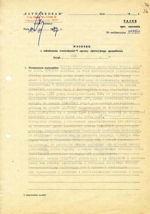 Wniosek o zakończenie sprawy operacyjnego sprawdzenia krypt. „Tir” (z zasobu AIPN)