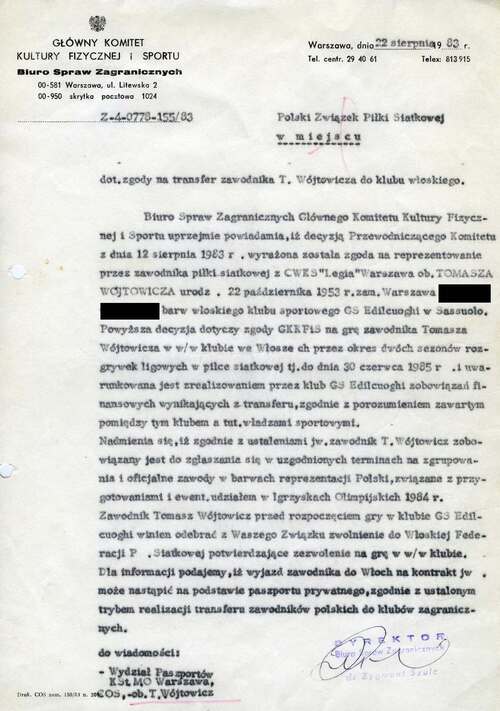 Pismo dr. Zygmunta Szulca, dyrektora Biura Spraw Zagranicznych Głównego Komitetu Kultury Fizycznej i Sportu, w sprawie transferu Tomasza Wójtowicza do Włoch. Warszawa, 22 sierpnia 1983 r. (z zasobu AIPN)