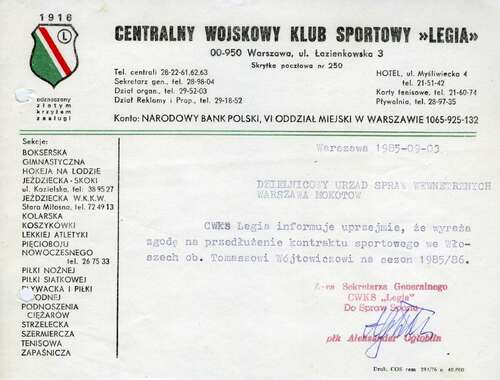 Pismo płk. Aleksandra Ogłoblina, zastępcy sekretarza generalnego CWKS Legia do spraw sportu w sprawie przedłużenia kontraktu Tomasza Wójtowicza we Włoszech. Warszawa, 3 września 1985 r. (z zasobu AIPN)