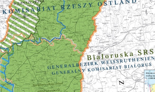 Wschodnie ziemie II RP (łącznie z Nowogródkiem) jako obszar niemieckiej i sowieckiej okupacji. Fragment mapy ściennej „Polska 1939-1945 – podziały administracyjne” (wyd. IPN, 2013)
