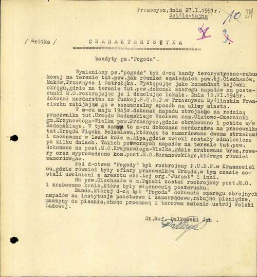 Charakterystyka „bandyty ps. »Pogoda«”. Przasnysz, 27 I 1951 r. (z zasobu IPN)