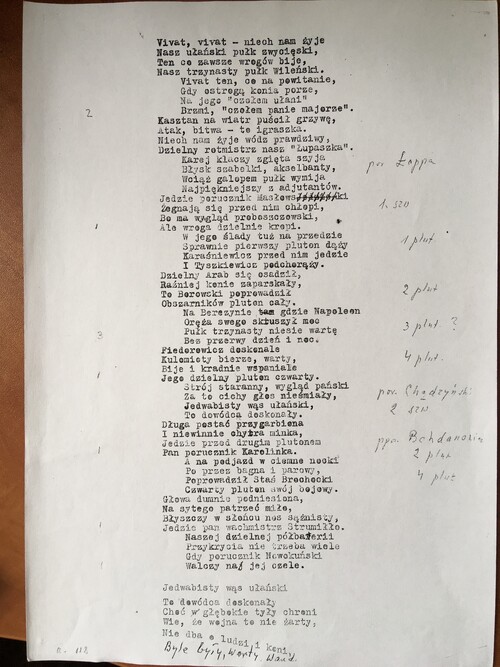 Wiersz „Vivat, vivat” wachmistrza Waleriana Meysztowicza, „o niektórych dowódcach wyższych i niższych 13. Pułku” znany też jako „Ballada o 13-tym Pułku Ułanów Wileńskich” (IPN Bi 655/1)