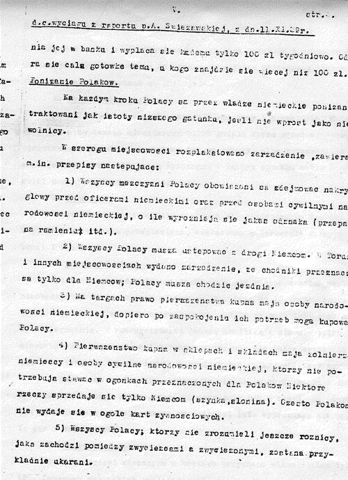 Fragment wyciągu z raportu Anny Świeżawskiej (Instytut Polski i Muzeum im. gen. Sikorskiego w Londynie)