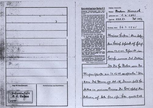 List ks. Korczoka z KL Dachau (ze zbiorów ks. Pawła Pyrchały)