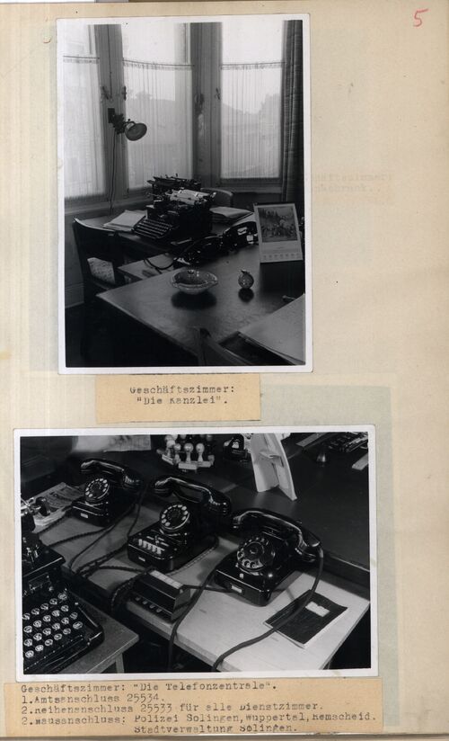 Fotografie pomieszczeń służbowych (kancelarii i centralki telefonicznej) SD w jednym z niemieckich miast. Ok. 1940 r. Źródło: Rosyjskie Państwowe Archiwum Wojskowe (RGWA)