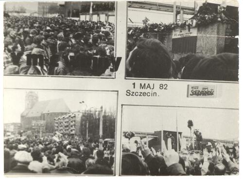 Drugoobiegowa pocztówka ze zdjęciami z demonstracji ulicznych w Szczecinie na początku maja 1982 r., po których internowano pierwszych działaczy ARO (ze zbiorów Marka Adamkiewicza)