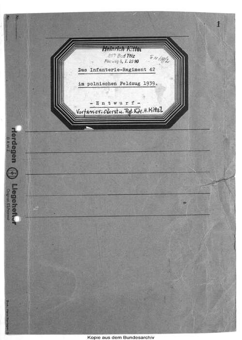 Okładka raportu podsumowującego działania wojennej 42 pułku piechoty w czasie kampanii wrześniowej 1939 r. Źródło: Archiwum Federalne (Archiwum  Wojskowe  we Freiburgu)