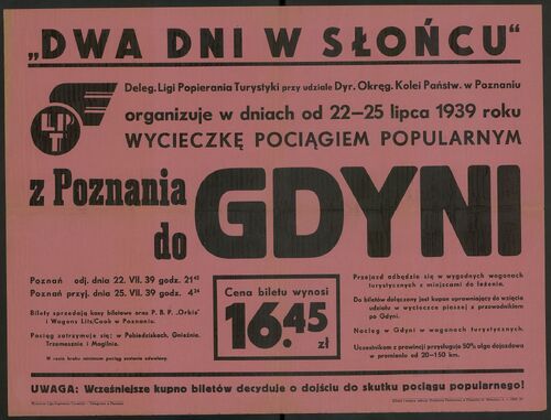 Afisz promujący wycieczkę pociągiem popularnym z Poznania do Gdyni, 1939 (Bibl. Narodowa)