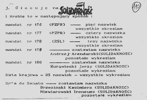 Druk z napisem Solidarność, zapisany tzw. solidarycą. Wskazówki dotyczące skreśleń na karcie wyborczej kandydatów z list PZPR i ZSL oraz pozostawienia nazwisk kandydatów z listy Solidarności.