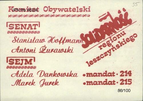 Druk z napisem Solidarność, zapisany tzw. solidarycą. Nazwiska kandydatów do sejmu i senatu z listy Solidarności.