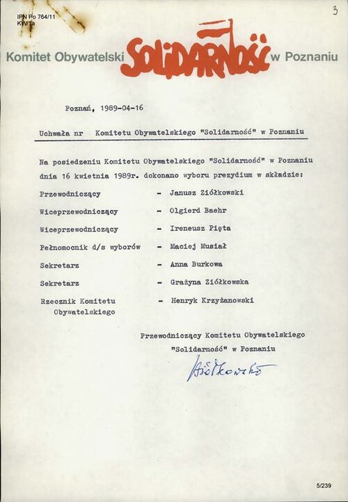 Druk z napisem Solidarność, zapisany tzw. solidarycą na piśmie wystawionym pod datą 16 kwietnia 1989 r.