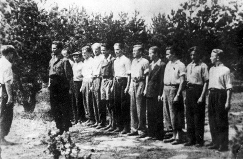 Żołnierze 3. kompanii batalionu „Parasol” na zbiórce w trakcie ćwiczeń na strzelnicy, Dębe Wielkie, lato 1943 r., ze zb. Marka Ney-Krwawicza