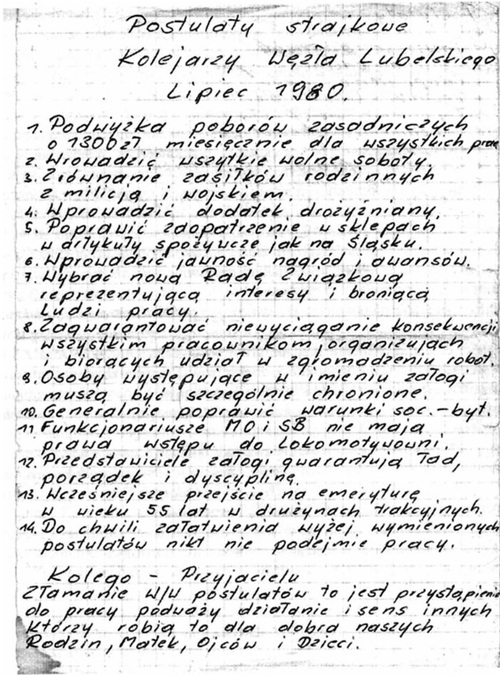 Postulaty kolejarzy – spisane przez Michała J. Kasprzaka w Lokomotywowni PKP Lublin w lipcu 1980 r.