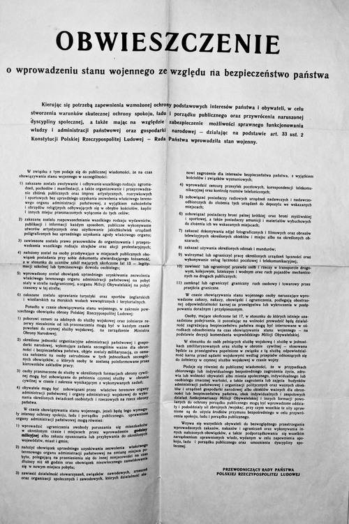 Obwieszczenie Rady Państwa o wprowadzeniu stanu wojennego. Fot. Wikipedia Commons/domena publiczna