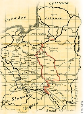 Niemiecka mapa „dawnego terytorium polskiego” z zaznaczoną tymczasową linią demarkacyjną i przyszłą granicą III Rzeszy i ZSRS (AIPN)