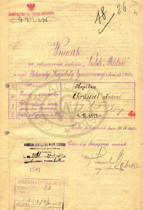 Pierwsza strona wniosku o odznaczenie kpt. Antoniego Chruściela Orderem Virtutti Militari V klasy, 1921 r. (CAW)