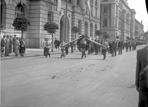 Członkowie Stronnictwa Narodowego podczas defilady z okazji Święta Żołnierza w Krakowie, sierpień 1937 r. (NAC)