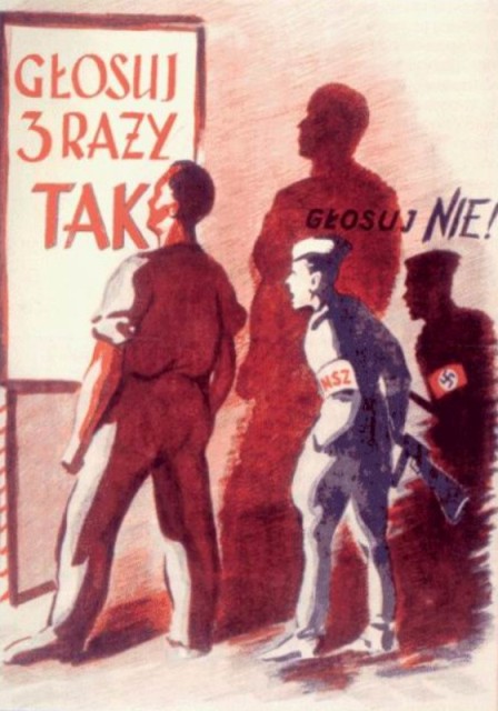 Plakat propagandowy z roku 1946 – Referendum 3 x TAK. Za czytającym, żołnierz NSZ, przedstawiony jako kolaborant hitlerowski, namawiający do głosowania na NIE